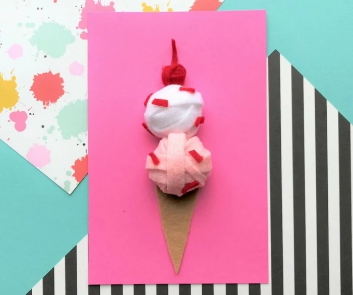 pink card stock, ice cream cone, made with yarn, diy pop up cards, turquoise background