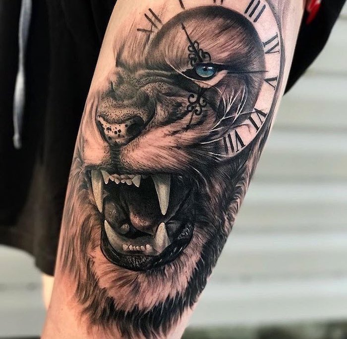 roaring lion, blue eye, with a clock, birthday in roman numerals, white background, roman numeral tattoo designs