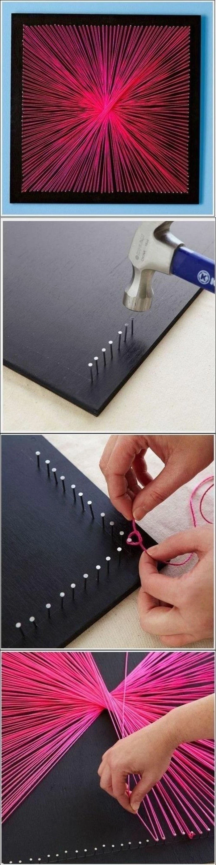 black board, pink strand, held by nails, forming an intricate shape, unique wall decor, diy tutorial