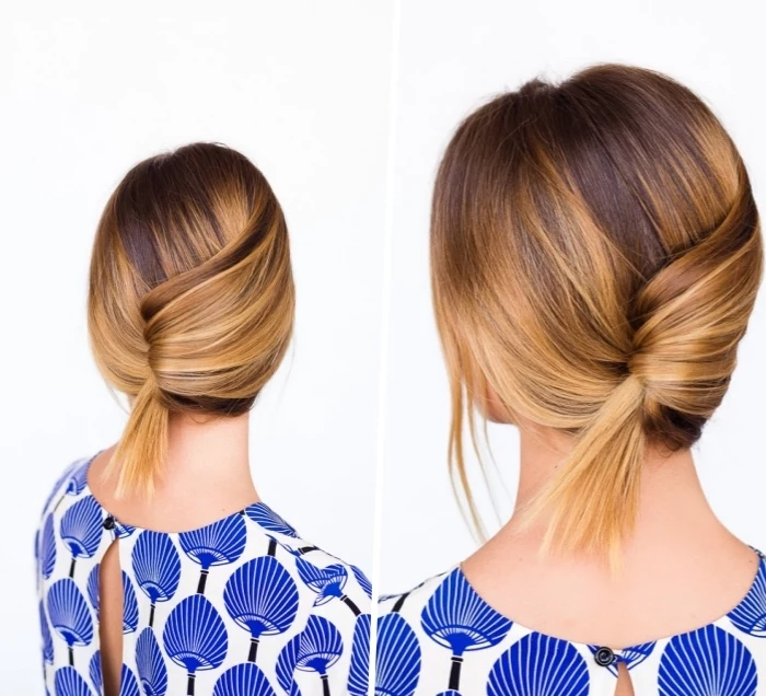 blue and white top, diy tutorial, easy hairstyles for long hair, low updo, brown and blonde ombre hair