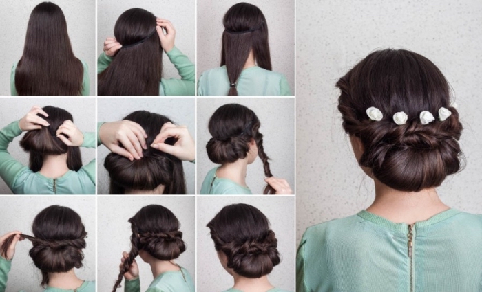 step by step, diy tutorial, hairstyles for teenagers, black hair, in a twisted low updo, flower hair accessories