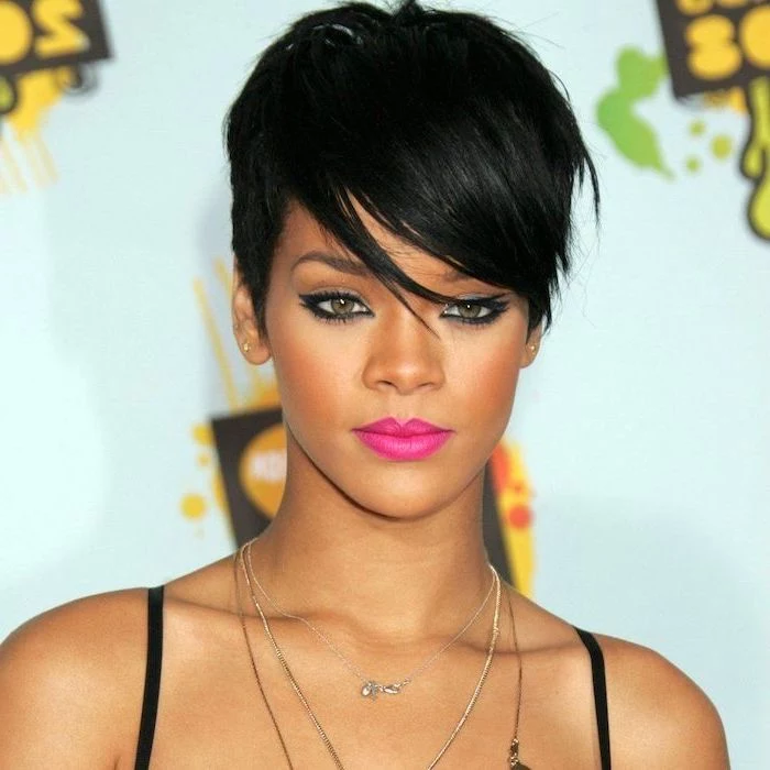 rihanna with black hair, black straps, pink lipstick, cute hairstyles for short hair, silver necklaces