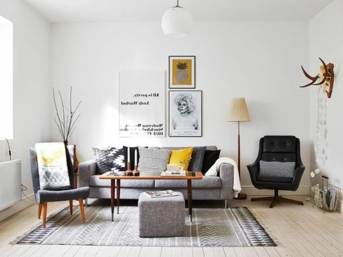 wooden floor, black leather armchair, beautiful living rooms, grey sofa and ottoman, wooden coffee table