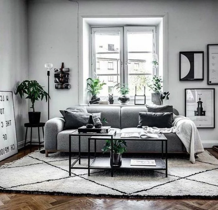 white walls, wooden floor, colours that go with grey, black metal coffee table, white carpet, grey sofa