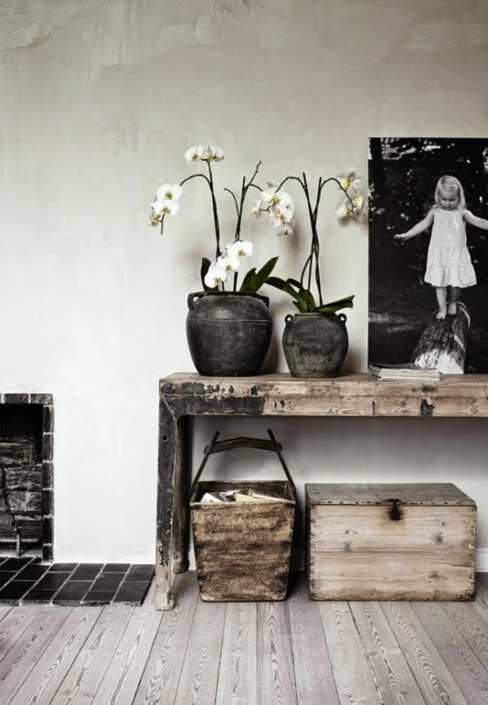 rustic style, wooden table table setting images, potted white orchids, black and white photo