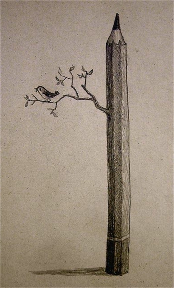 bird standing on a tree branch, coming out of a pencil, learn to draw with pencil, black and white, pencil sketch