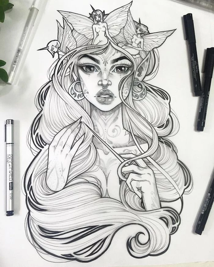 cute drawing ideas, black and white, pencil sketch, of a woman, with long wavy hair, fairies in her hair