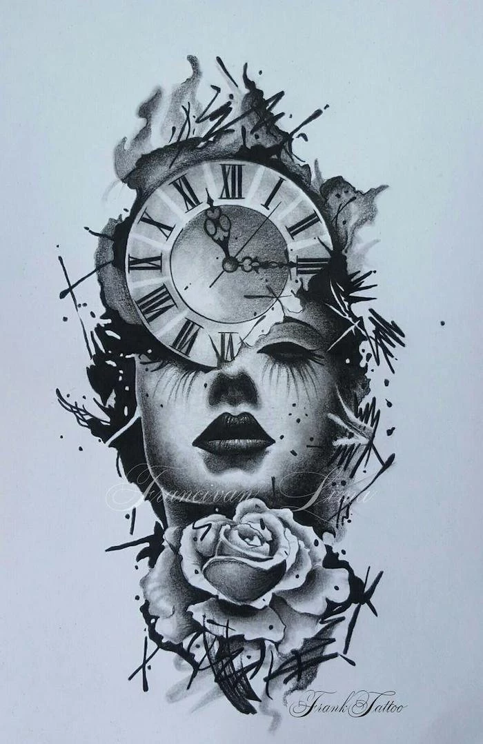 black and white sketch, of a woman, with a clock and a rose, birthday tattoos, white backgorund
