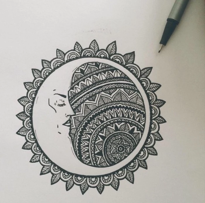 moon and sun drawing, mandala shoulder tattoo, black and white sketch, white background