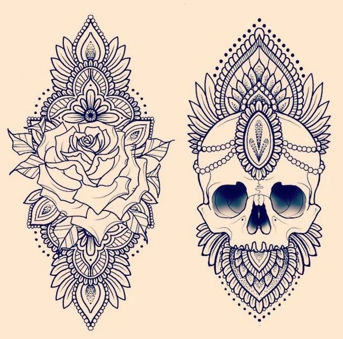 rose and skull, mandala flower tattoo, white background, black and white sketch
