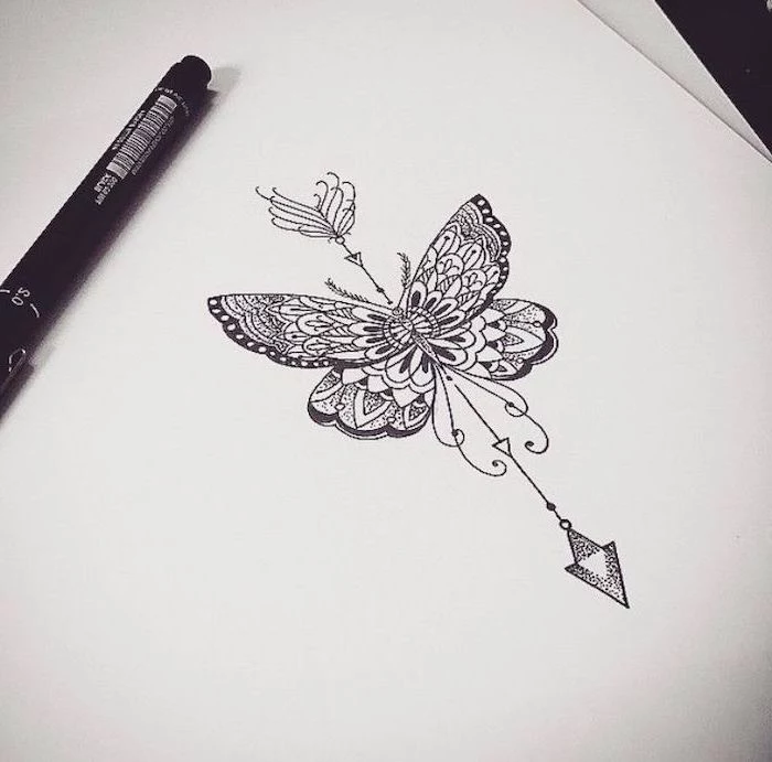 mandala flower tattoo, butterfly drawing, white background, black and white sketch