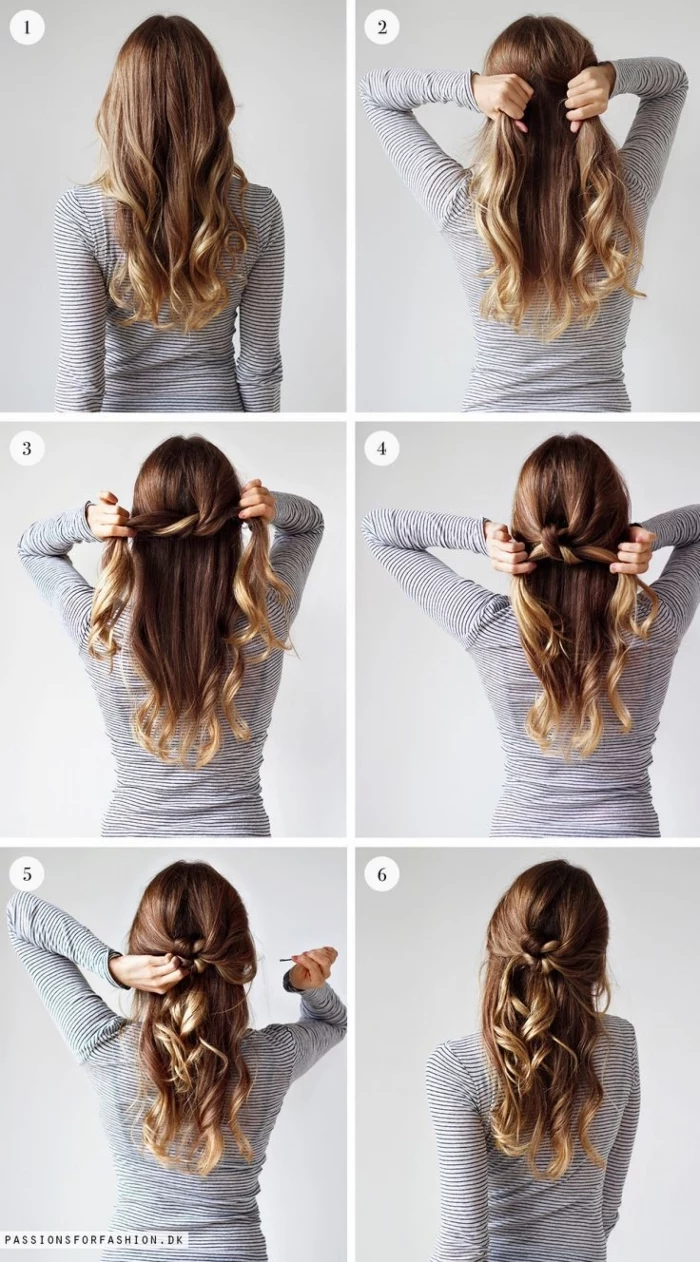 easy hairstyles for short hair, step by step, diy tutorial, knotted hair, wavy brown hair, half up, half down
