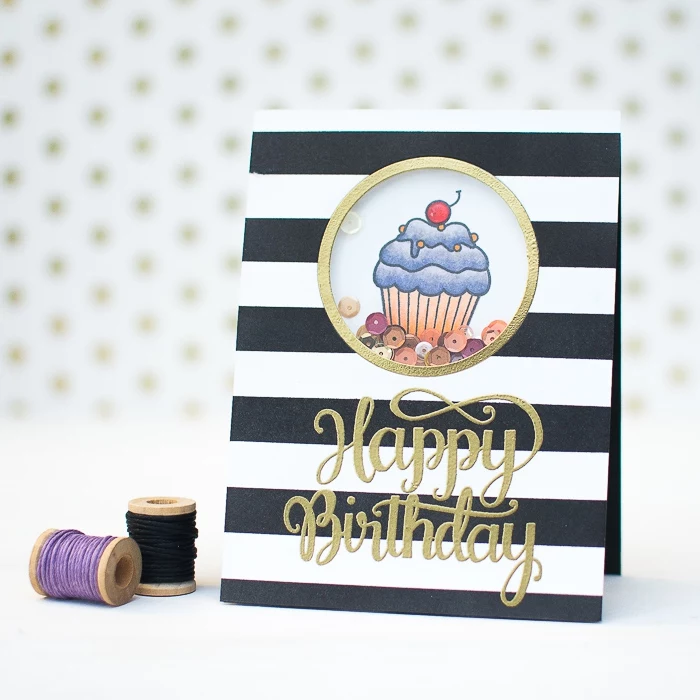 gold happy birthday inscription, black and white stripes, diy pop up cards, small cupcake, sequins inside