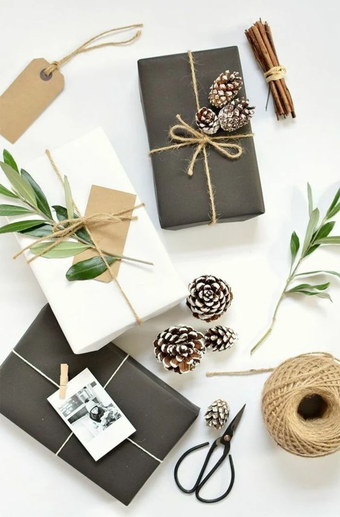 black and white wrapping paper, pine cones, tree branches, homemade christmas gifts for adults
