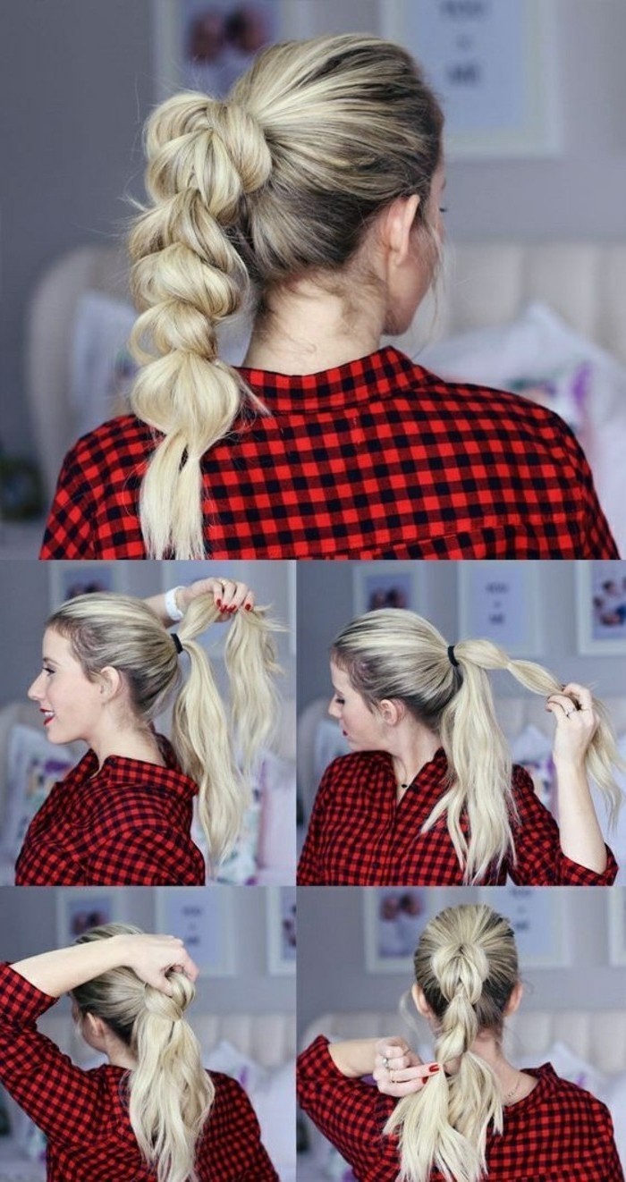 woman wearing a red plaid shirt, blonde hair, in a high twisted ponytail, easy hairstyles for short hair