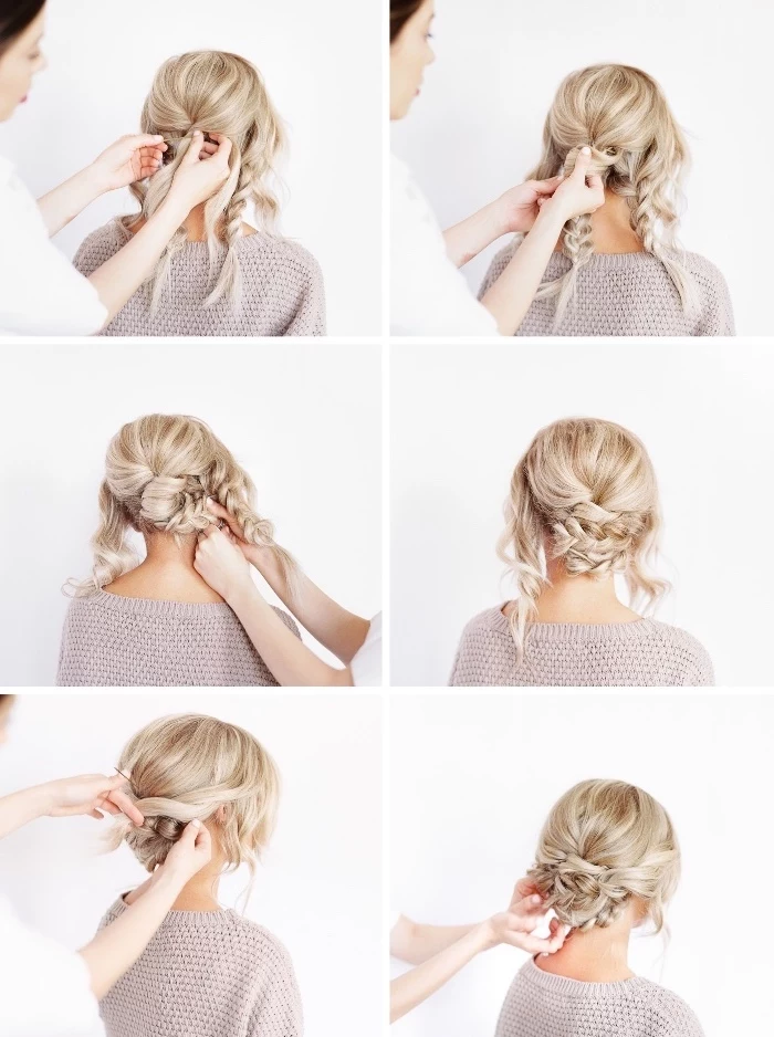 blonde hair, in a braided bun, diy tutorial, step by step, updos for long hair, woman with grey sweater