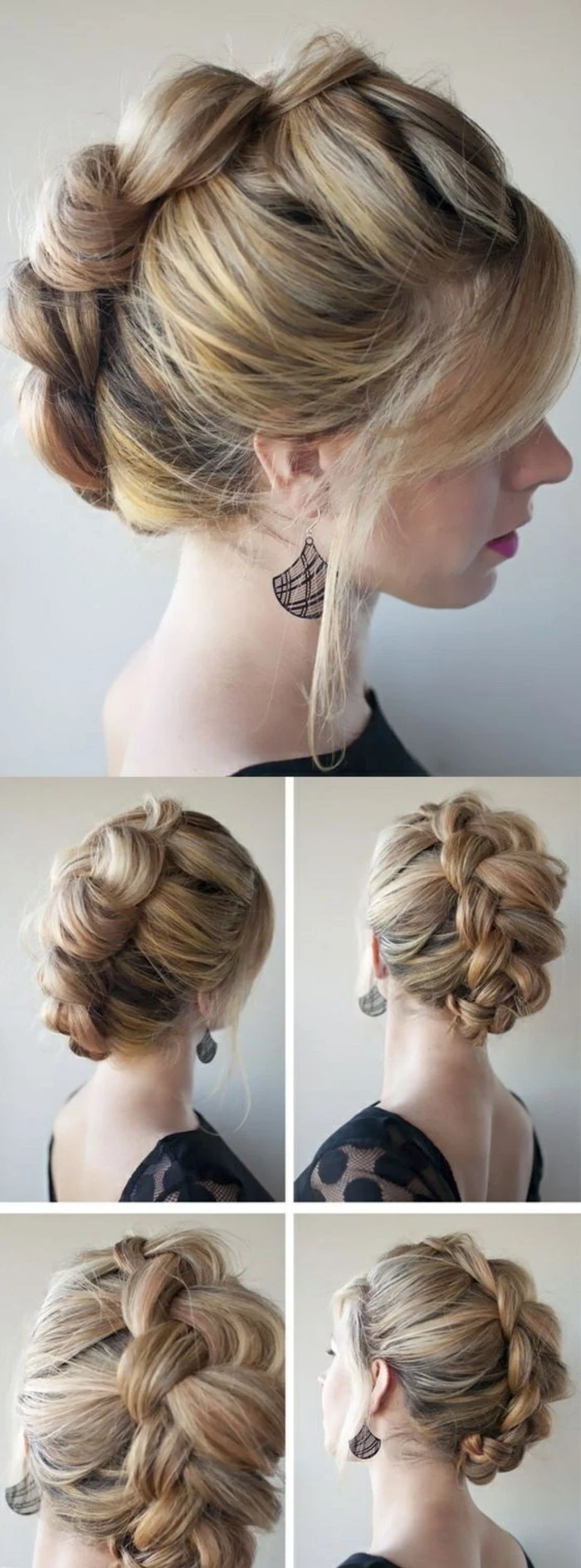 braided updo, light blonde hair, with highlights, easy hairstyles for short hair, side by side pictures