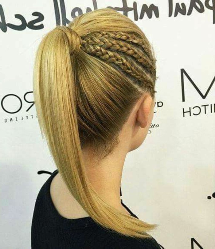 blonde hair, in a high ponytail, three braids on the side, easy updos for long hair, woman wearing a black blouse
