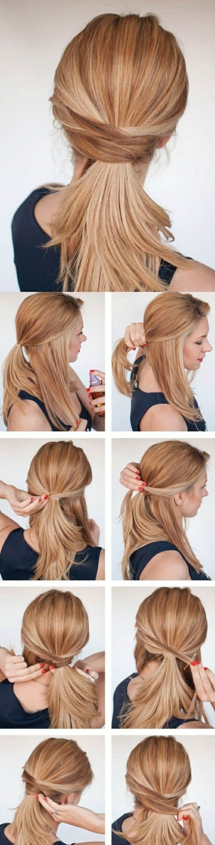 easy updos for long hair, blonde hair, in a low ponytail, held by strands of hair, step by step, diy tutorial, 