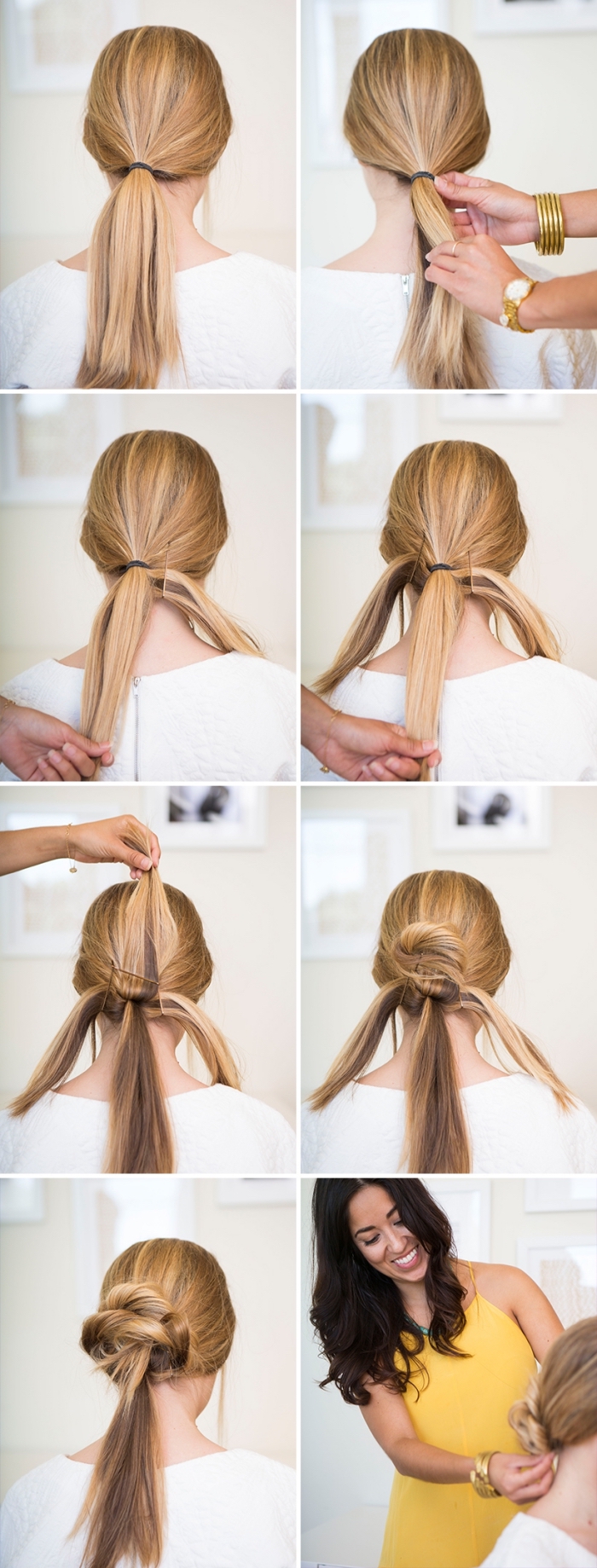 step by step, diy tutorial, beautiful hairstyles, blonde hair in a ponytail, slowly braided into a bun