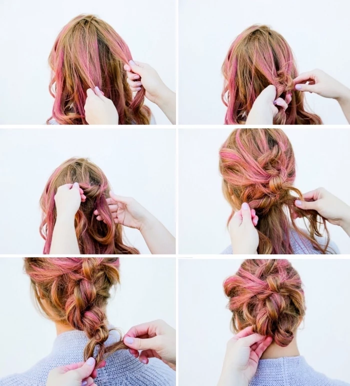 updos for long hair, blonde hair, pink highlights, step by step, diy tutorial, woman wearing a blue sweater