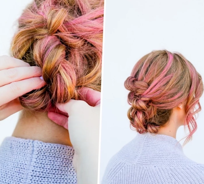 side by side pictures, braided bun, blonde hair, pink highlights, updos for long hair, low updo