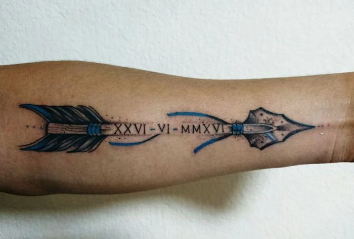 blue and black arrow, roman numerals, forearm tattoo, white background