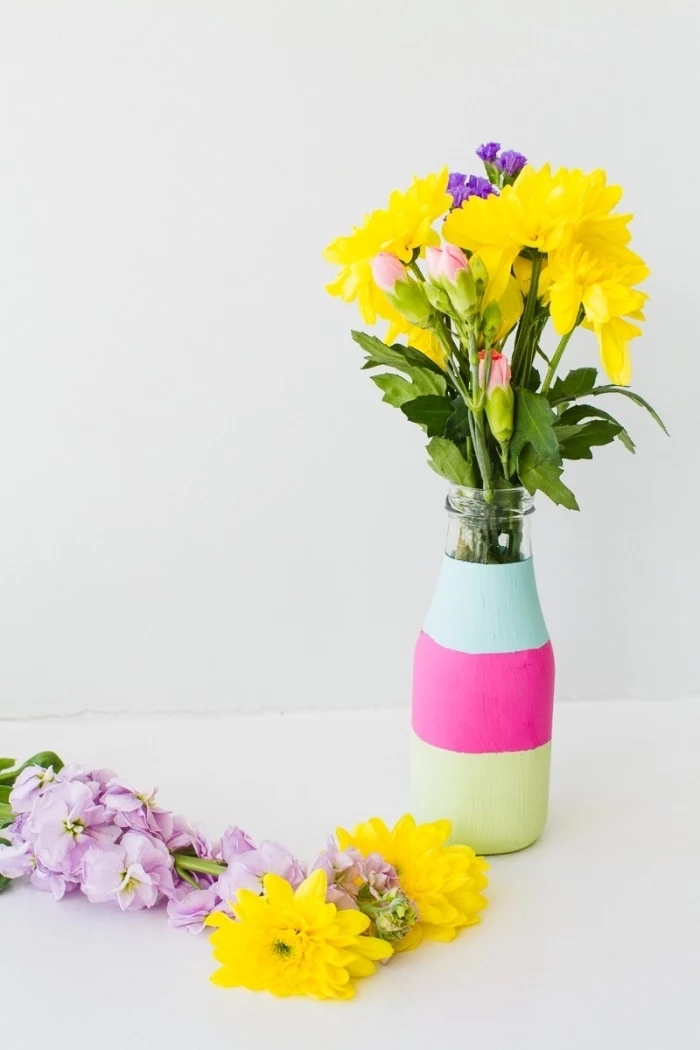 glass bottle, painted in green pink and turquoise, dining room centerpieces, flower bouquets