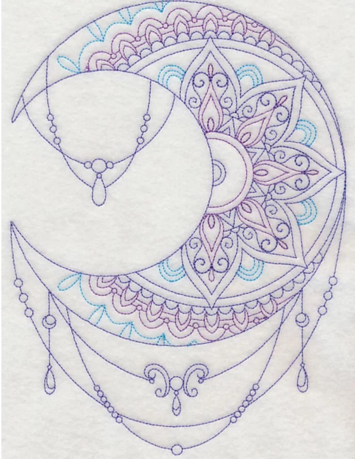 purple and blue, moon drawing, white background, mandala flower tattoo