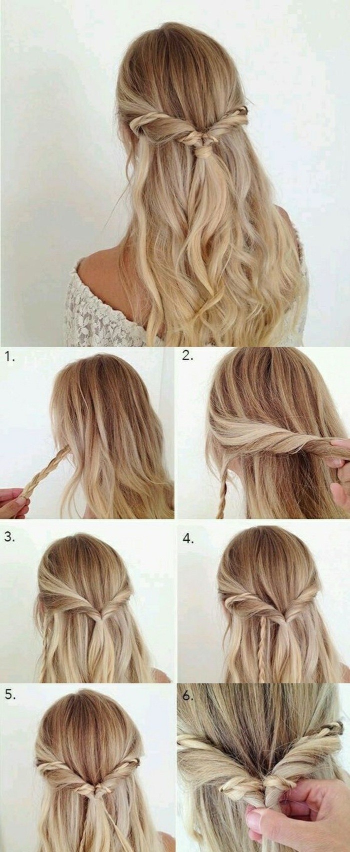 step by step diy tutorial, twisted hair, long blonde wavy hair, with braids, prom hairstyles for short hair