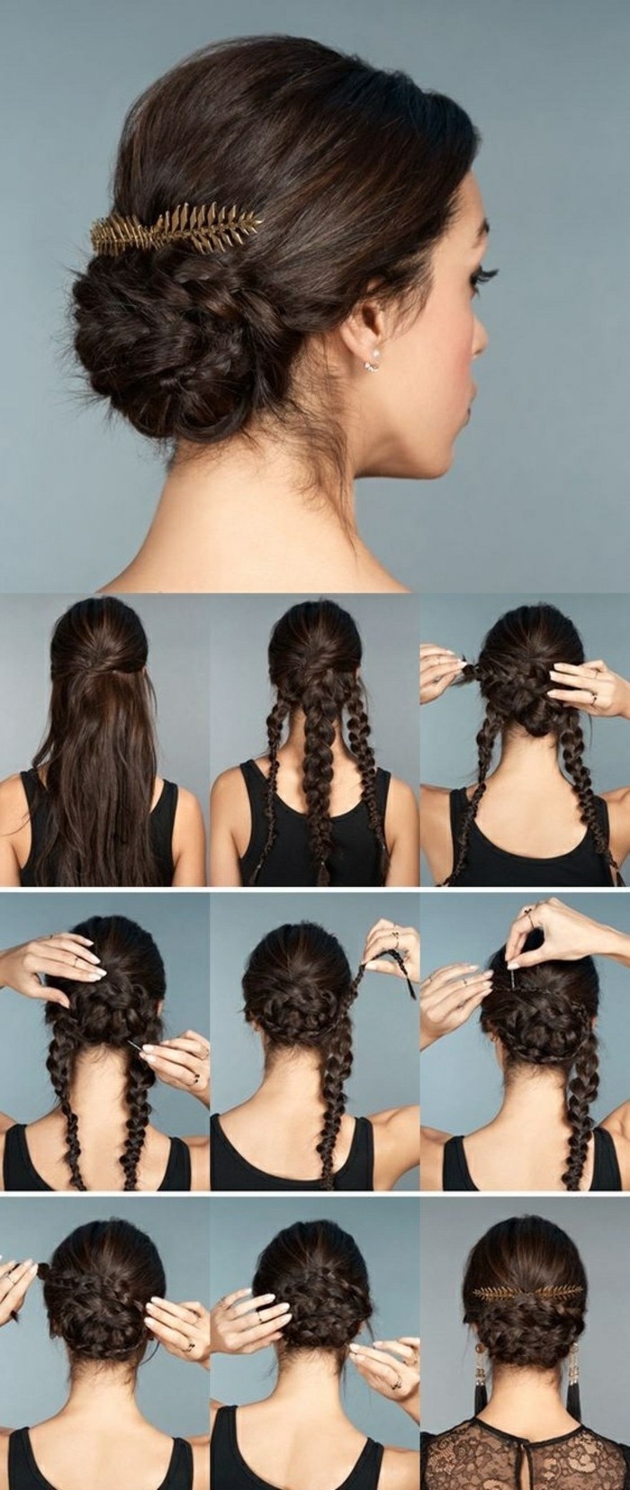 black hair, in a low updo, braided bun, updos for medium hair, golden hair accessory, step by step, diy tutorial