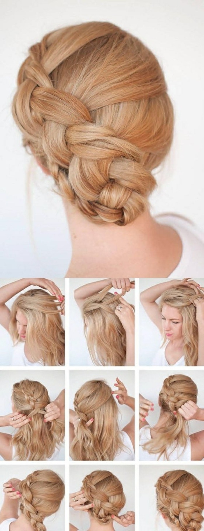 blonde hair, in a braided low bun, step by step, diy tutorial, updos for medium hair, woman wearing a white top