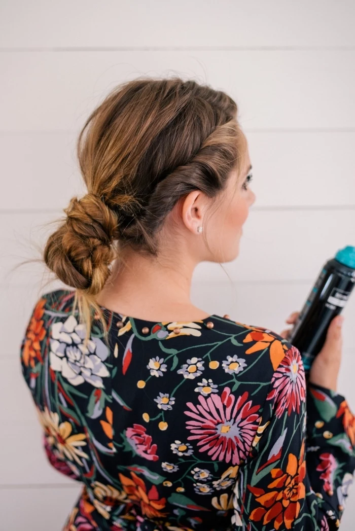 floral dress, braided bun, light blonde hair, long haircuts for women, diy tutorial, holding a hair spray