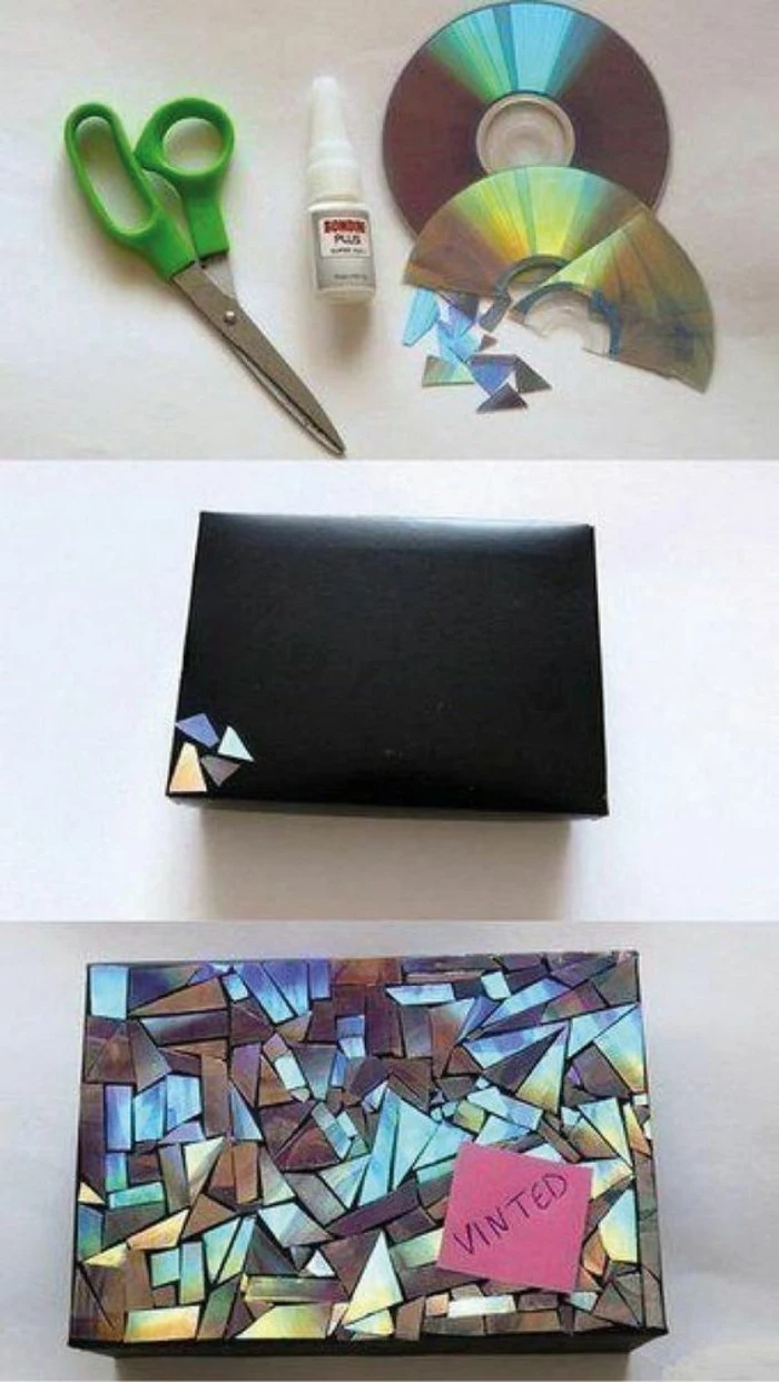 black box, cd pieces glued to it, homemade christmas gifts for adults, step by step, diy tutorial