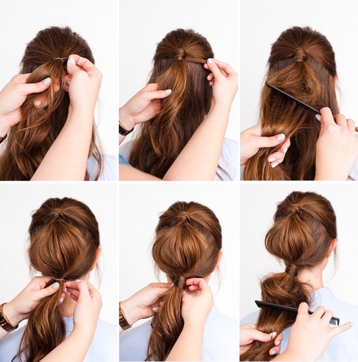 step by step, diy tutorial, beautiful hairstyles, long brown hair, being put in a ponytail, and a low updo