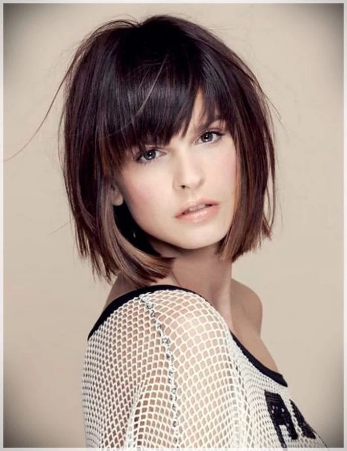 brown hair with bangs, short haircuts for older women, white lace top