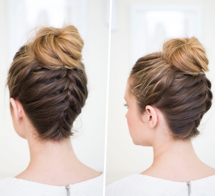 side by side pictures, brown hair, with blonde highlights, braid and a bun, easy hairstyles for long hair, diy tutorial