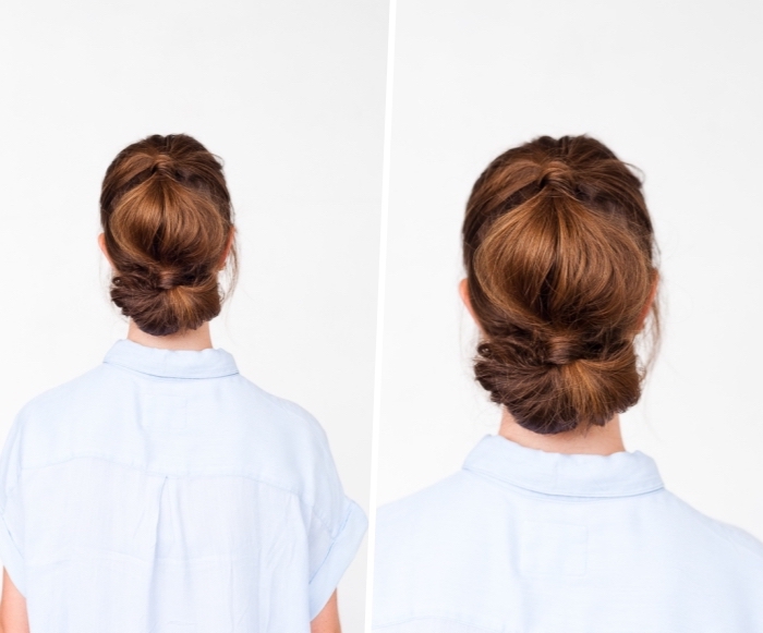 side by side pictures, low updo, brown hair, braid hairstyles, woman wearing a blue shirt