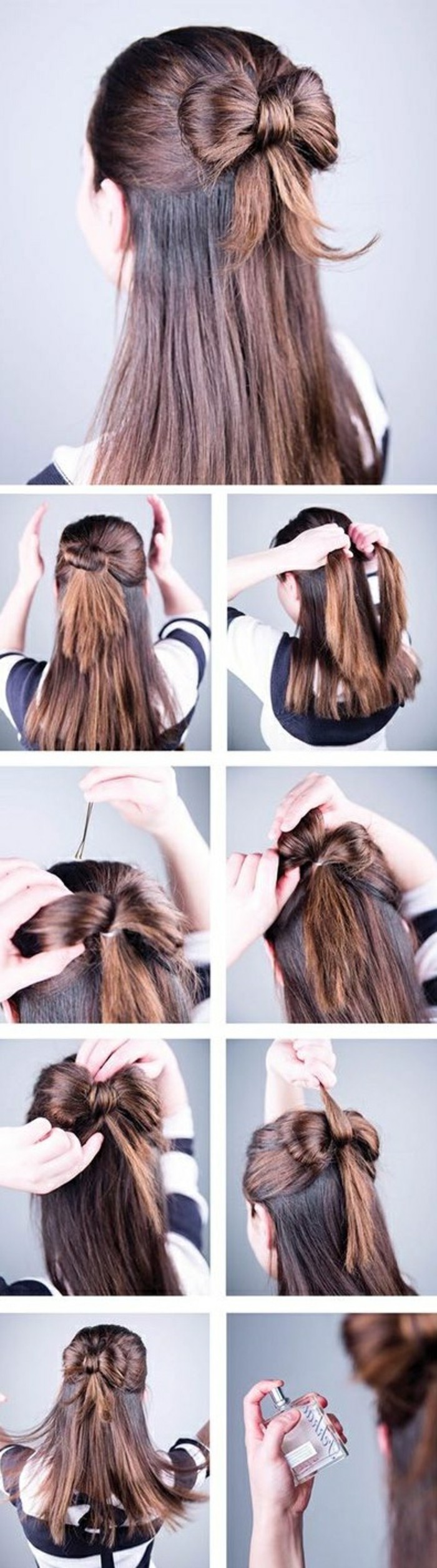 bow bun, step by step, diy tutorial, long brown hair, braids for long hair, side by side pictures