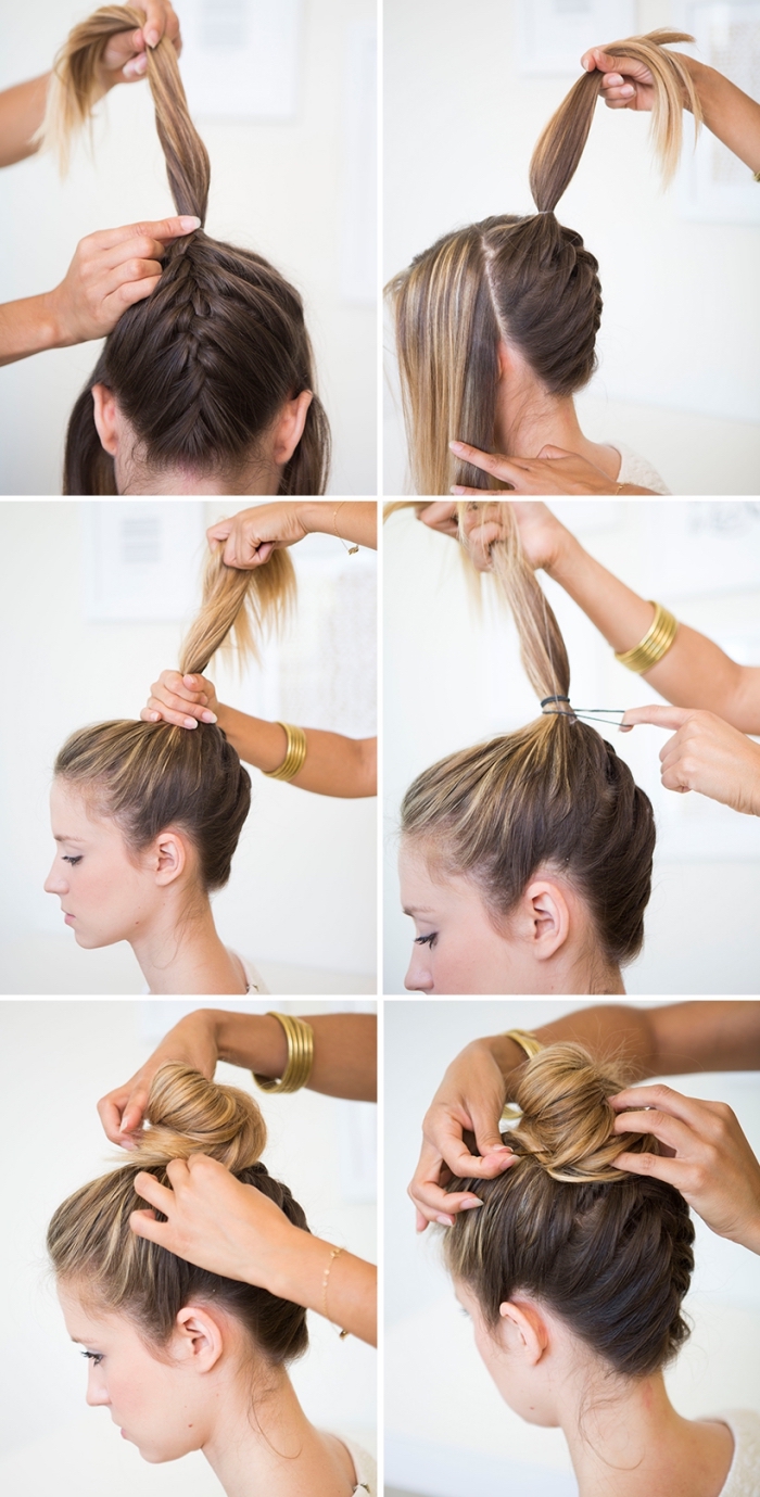easy hairstyles for long hair, braided hair, ending in a messy bun, brown hair, with blonde highlights, diy tutorial