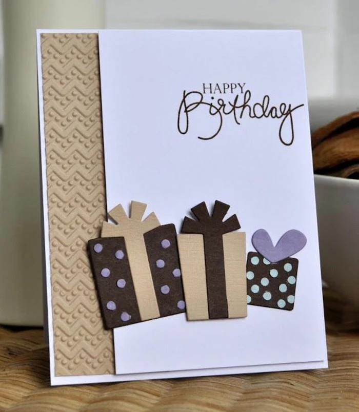 brown gifts, purple dots, white card stock, pop up birthday cards, happy birthday inscription