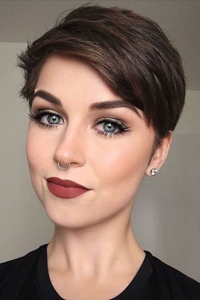 red lipstick, short haircuts for older women, brown hair, pixie cut, black top