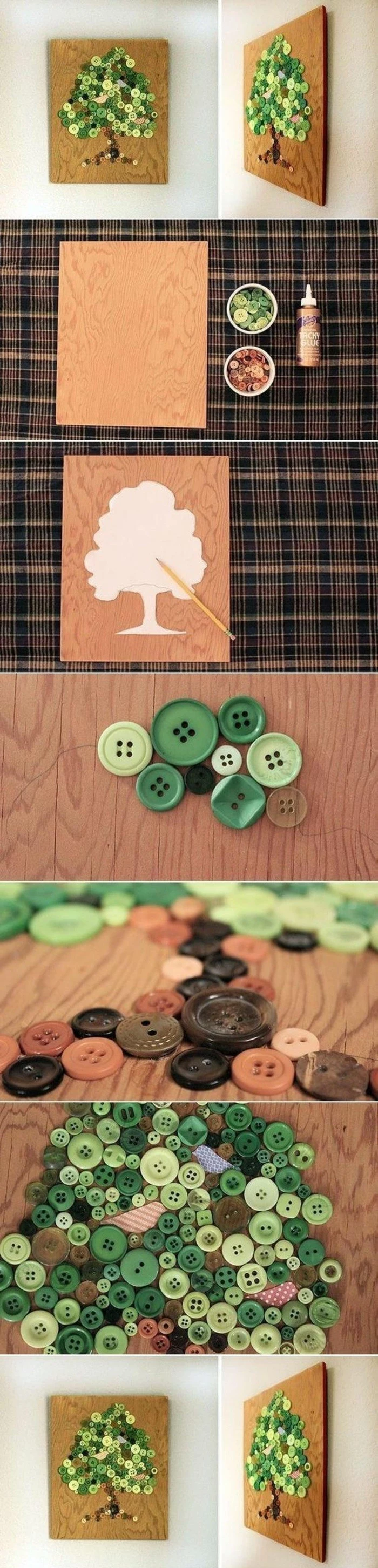 wooden board, green and brown buttons, forming a tree, unique wall decor, step by step, diy tutorial