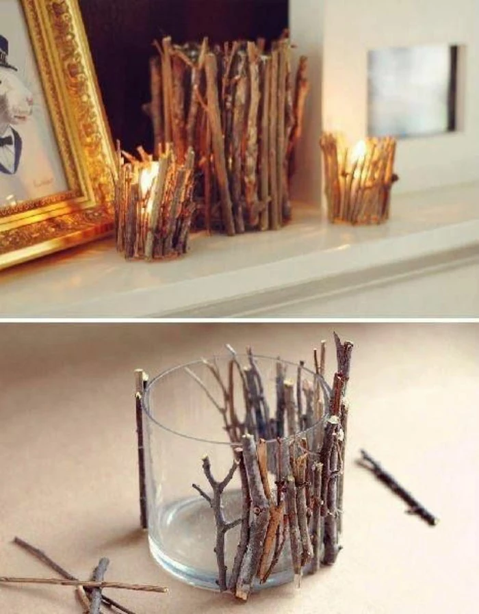 candle holder, glass vase, covered in tree branches, homemade christmas gifts for adults
