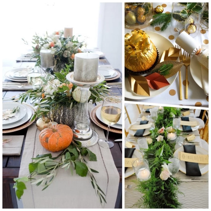 photo collage, fall flower arrangements, greenery and flowers, table runners, different table settings