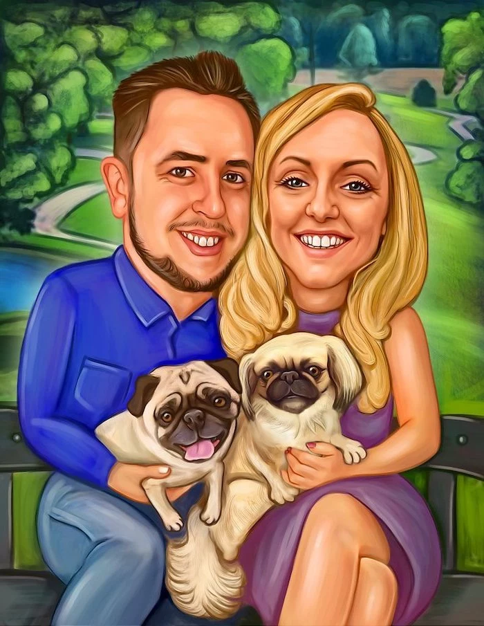 caricature picture, couple sitting on a bench, holding two dogs, housewarming ideas