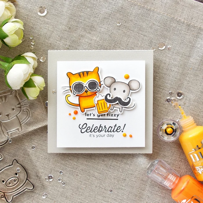 birthday cards for kids, cat and mouse, celebrate it's your day, greeting card, faux white flowers