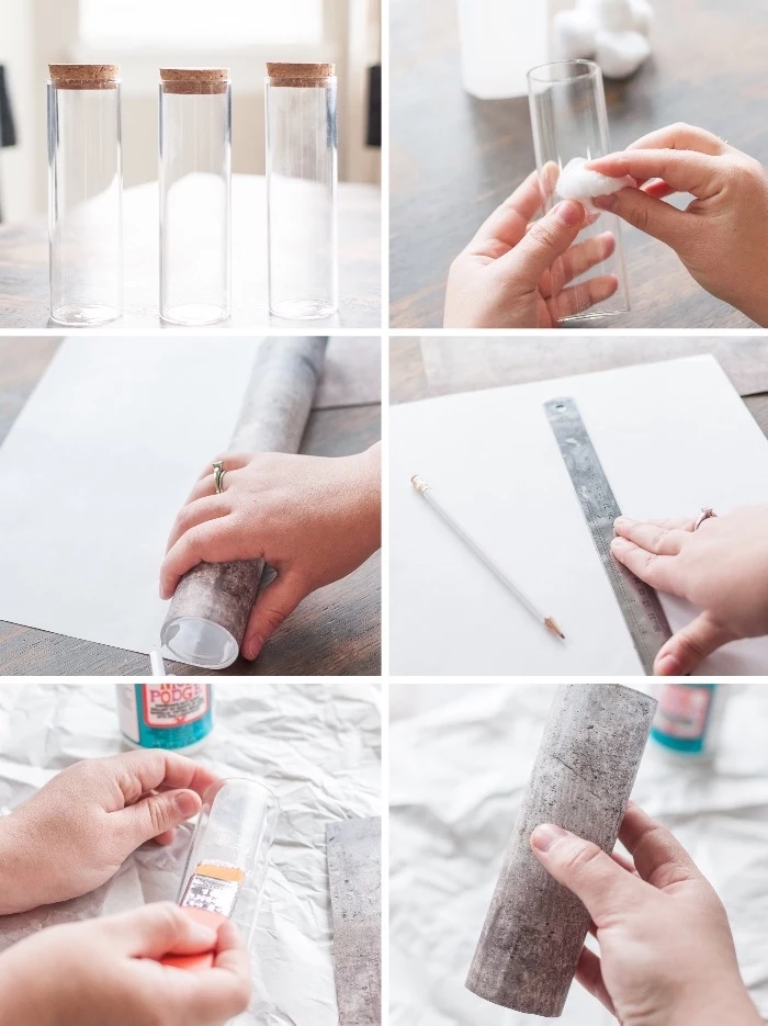 step by step, diy tutorial, table decoration ideas, glass round vases, cement like paper, glued with mod podge