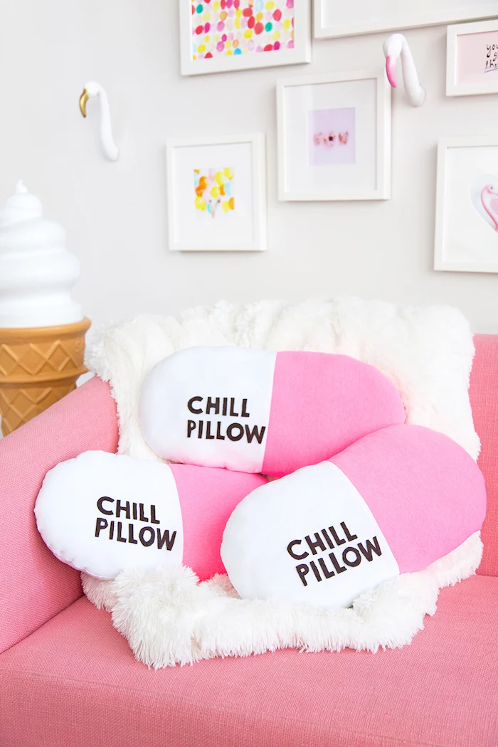 chill pillow, white and pink, arranged on a pink sofa, homemade christmas gifts, white furry blanket