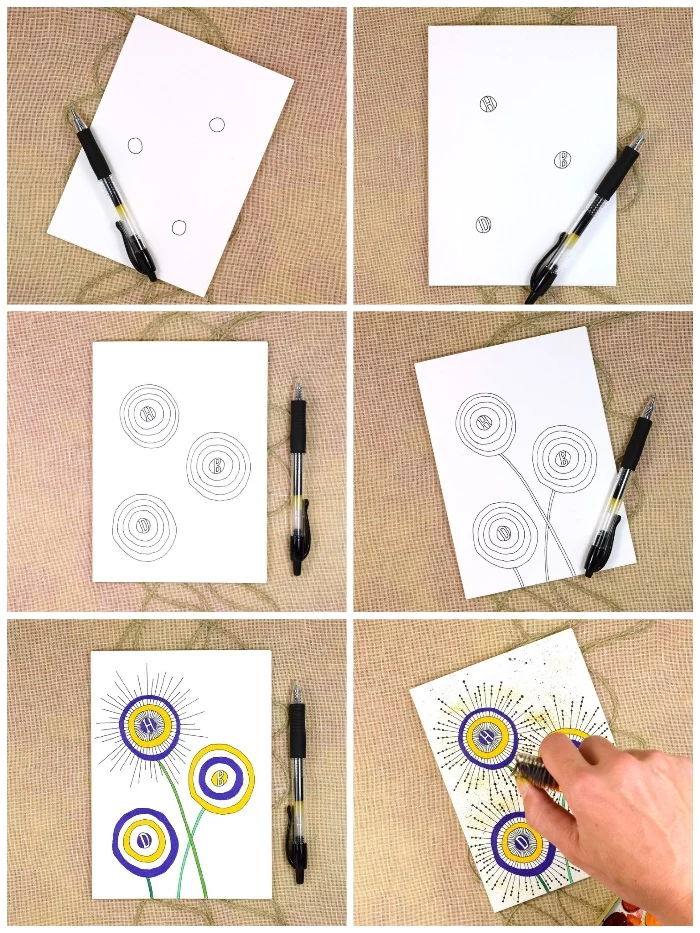 white card stock, yellow and purple circles, birthday greeting cards, step by step, diy tutorial